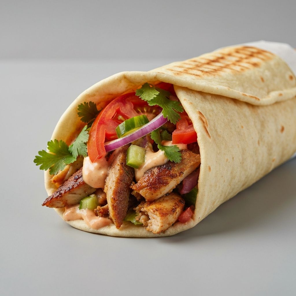 Shawarma wrap with grilled meat and vegetables
